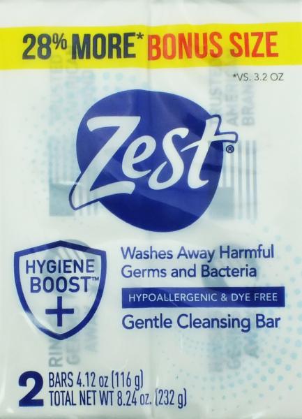 ZEST 'Hypoallergenic & Dye Free' gentle cleansing bar Soap, 2x 116 gr= 232gr